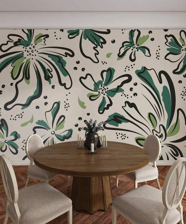 Floral Wallpaper, Black and Green Mural, Oversized Custom Size Wall Art, Non-Woven, Non-Adhesive, Modern Wall Paper, Removable