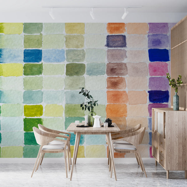 Watercolor Paint Shades Wallpaper, Filled Grid Mural, Oversized Custom Size Wall Art, Non-Woven, Non-Adhesive, Modern Wall Paper, Removable
