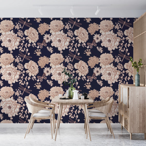 White and Gold Blooming Flowers Wallpaper, Dark Seamless Pattern Mural, Oversized Custom Size Wall Art, Non-Woven, Non-Adhesive, Modern Wall Paper, Removable