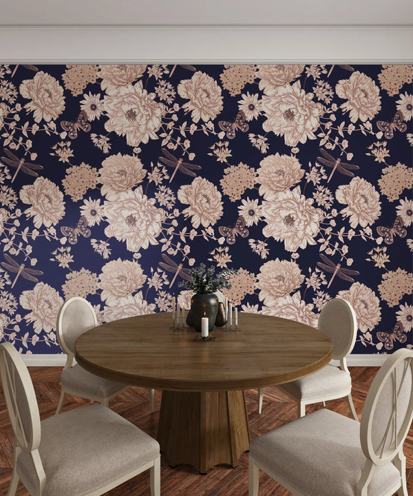 White and Gold Blooming Flowers Wallpaper, Dark Seamless Pattern Mural, Oversized Custom Size Wall Art, Non-Woven, Non-Adhesive, Modern Wall Paper, Removable