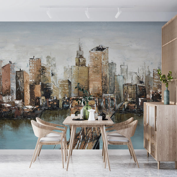 City and Bridge Wallpaper, Oil Painting Mural, Oversized Custom Size Wall Art, Non-Woven, Non-Adhesive, Modern Wall Paper, Removable