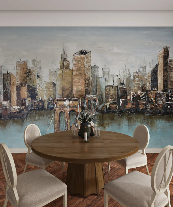 City and Bridge Wallpaper, Oil Painting Mural, Oversized Custom Size Wall Art, Non-Woven, Non-Adhesive, Modern Wall Paper, Removable