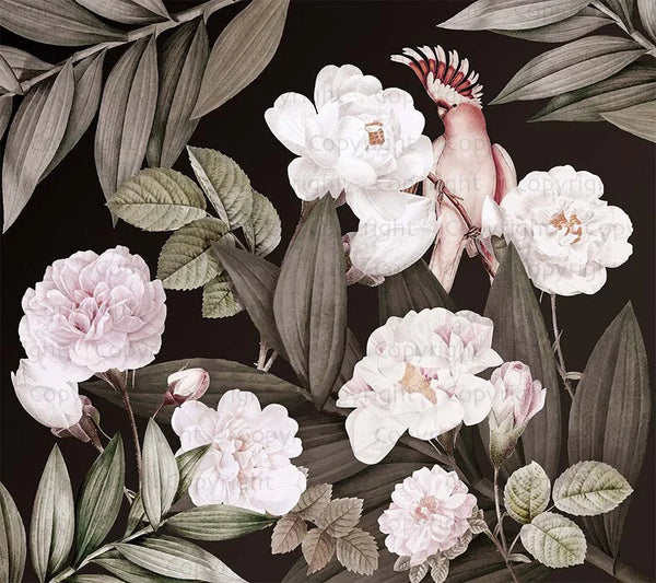 Floral Wall Mural, Brown Peony Flower Parrot Wall Mural Art, Big Size Customizable Bird Theme, Non-Adhesive, Removable Wallpaper, Black, Washable, Home Interior Decor Wall Art - Walloro High End Wallcoverings & More