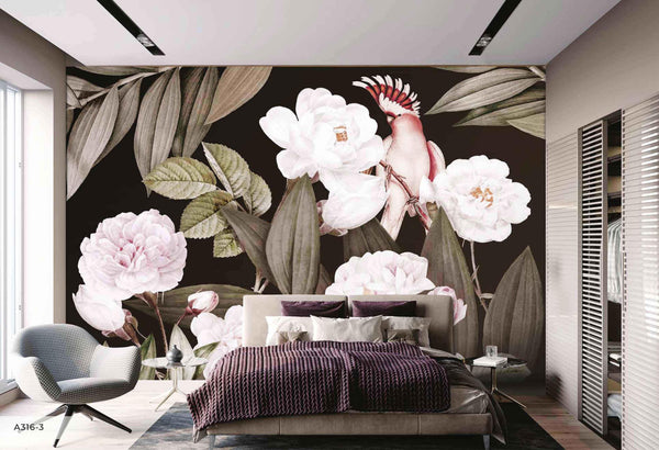 Floral Wall Mural, Brown Peony Flower Parrot Wall Mural Art, Big Size Customizable Bird Theme, Non-Adhesive, Removable Wallpaper, Black, Washable, Home Interior Decor Wall Art - Walloro High End Wallcoverings & More