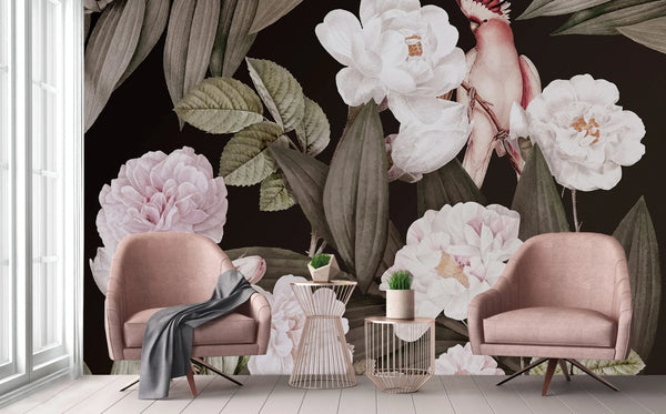Floral Wall Mural, Brown Peony Flower Parrot Wall Mural Art, Big Size Customizable Bird Theme, Non-Adhesive, Removable Wallpaper, Black, Washable, Home Interior Decor Wall Art - Walloro High End Wallcoverings & More
