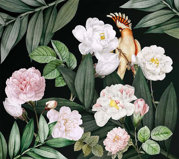 Floral Wall Mural, Green Peony Flower Parrot Wall Mural Art, Big Size Customizable Bird Theme, Non-Adhesive, Removable Wallpaper, Black, Washable, Home Interior Decor Wall Art - Walloro High End Wallcoverings & More