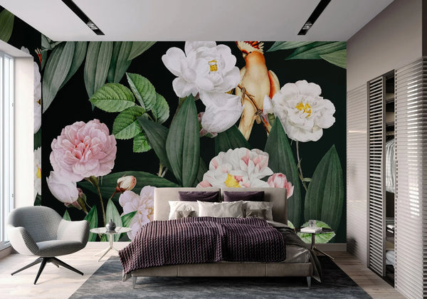 Floral Wall Mural, Green Peony Flower Parrot Wall Mural Art, Big Size Customizable Bird Theme, Non-Adhesive, Removable Wallpaper, Black, Washable, Home Interior Decor Wall Art - Walloro High End Wallcoverings & More