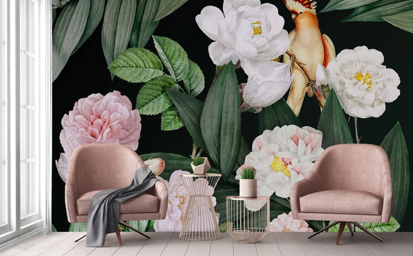 Floral Wall Mural, Green Peony Flower Parrot Wall Mural Art, Big Size Customizable Bird Theme, Non-Adhesive, Removable Wallpaper, Black, Washable, Home Interior Decor Wall Art - Walloro High End Wallcoverings & More