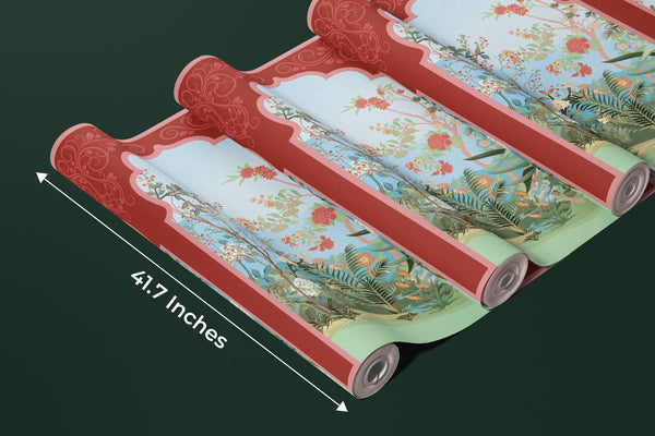 Traditional Mughal Garden Wallpaper, Peacock, Red Arch Mural, Oversized Custom Size Wall Art, Non-Woven, Non-Adhesive, Modern Wall Paper, Removable