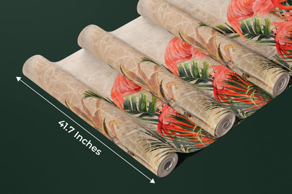 Pink Flamingos Wallpaper, Tropical Plants Mural, Oversized Custom Size Wall Art, Non-Woven, Non-Adhesive, Modern Wall Paper, Removable