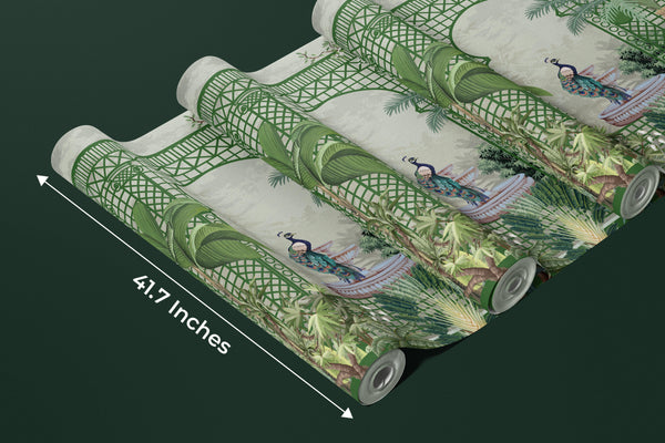 Garden and Peacock Wallpaper,Botanic and Lattice Wall Mural, Oversized Custom Size Wall Art, Non-Woven, Non-Adhesive, Modern Wall Paper, Removable