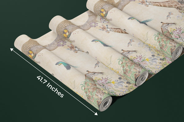 Tropical Trees Wallpaper, Safari Animals Mural, Oversized Custom Size Wall Art, Non-Woven, Non-Adhesive, Modern Wall Paper, Removable