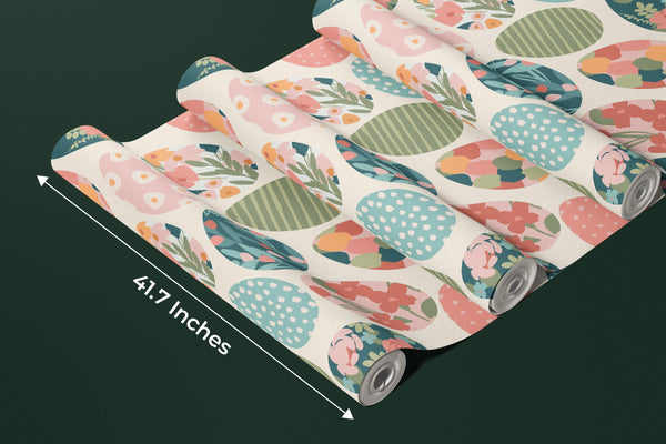 Easter Eggs with Abstract Flowers Wallpaper, Seamless Pattern Mural, Oversized Custom Size Wall Art, Non-Woven, Non-Adhesive, Modern Wall Paper, Removable