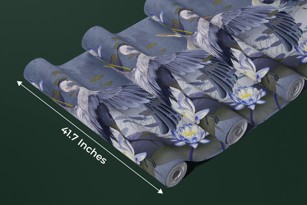 Birds Wallpaper, Lotus and Blue Background Mural, Oversized Custom Size Wall Art, Non-Woven, Non-Adhesive, Modern Wall Paper, Removable