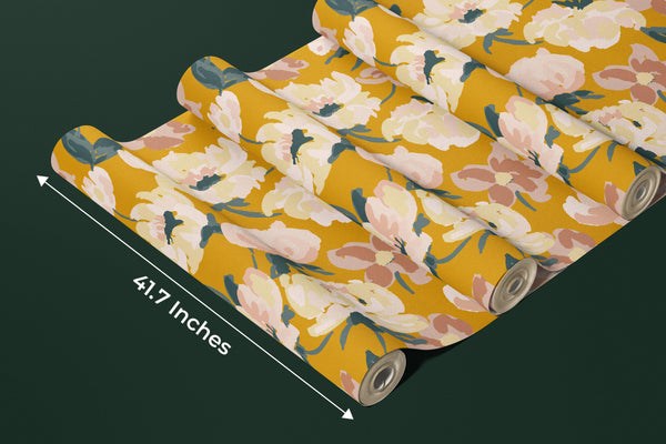 Abstract Floral, Yellow Background Wallpaper, Seamless Pattern Mural, Oversized Custom Size Wall Art, Non-Woven, Non-Adhesive, Modern Wall Paper, Removable