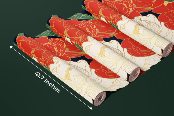 White and Red Peonies Wallpaper, Luxurious Gold Mural, Oversized Custom Size Wall Art, Non-Woven, Non-Adhesive, Modern Wall Paper, Removable