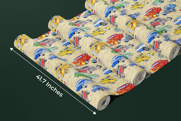 Kids Cars Wallpaper, Seamless Pattern Mural, Oversized Custom Size Wall Art, Non-Woven, Non-Adhesive, Modern Wall Paper, Removable