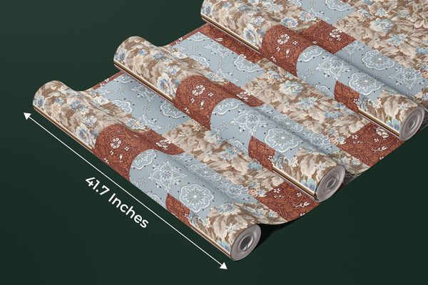 Floral Wallpaper, Brown and Blue Patchwork Mural, Oversized Custom Size Wall Art, Non-Woven, Non-Adhesive, Modern Wall Paper, Removable