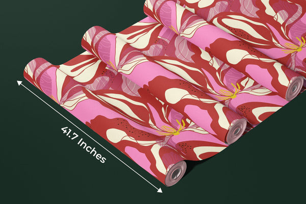 Abstract Red Flowers Wallpaper, Seamless Pattern Mural, Oversized Custom Size Wall Art, Non-Woven, Non-Adhesive, Modern Wall Paper, Removable