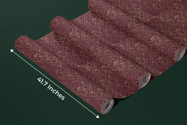 Gold Art Deco Wallpaper, Dark Red Background Mural, Oversized Custom Size Wall Art, Non-Woven, Non-Adhesive, Modern Wall Paper, Removable