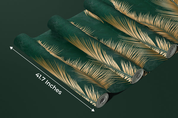 Golden Palm Leaves Wallpaper, Luxury Dark Green Art Background Mural, Oversized Custom Size Wall Art, Non-Woven, Non-Adhesive, Modern Wall Paper, Removable