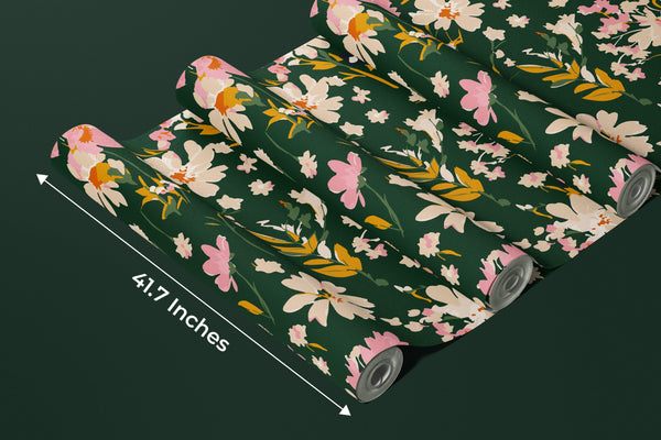 Hand Drawn Floral Wallpaper, Seamless Pattern Mural, Oversized Custom Size Wall Art, Non-Woven, Non-Adhesive, Modern Wall Paper, Removable