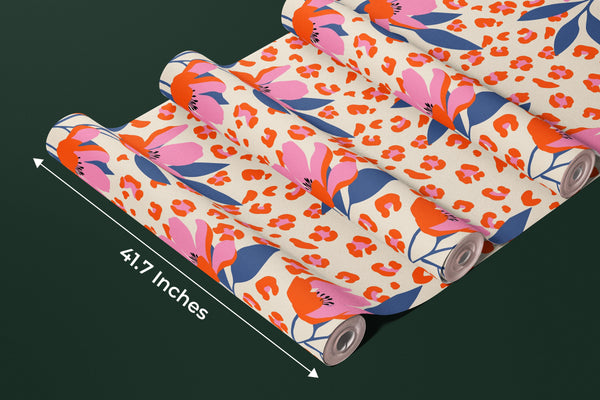 Exotic Flowers, Leopard Background Wallpaper, Seamless Pattern Mural, Oversized Custom Size Wall Art, Non-Woven, Non-Adhesive, Modern Wall Paper, Removable