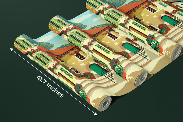 Village Square Wallpaper, Traditional Houses Mural, Oversized Custom Size Wall Art, Non-Woven, Non-Adhesive, Modern Wall Paper, Removable