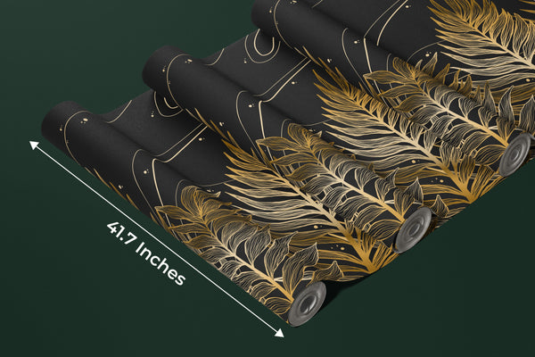 Golden Exotic Palm Leaves Wallpaper, Seamless Pattern Mural, Oversized Custom Size Wall Art, Non-Woven, Non-Adhesive, Modern Wall Paper, Removable