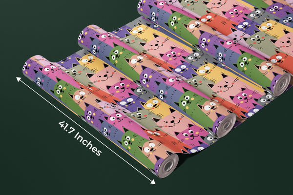 Colorful Cute Kitten Wallpaper, Seamless Pattern Mural, Oversized Custom Size Wall Art, Non-Woven, Non-Adhesive, Modern Wall Paper, Removable
