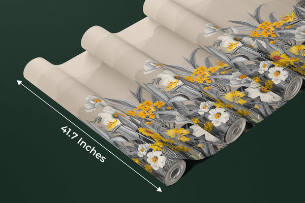 Grey Plants Wallpaper, Yellow Flowers Mural, Oversized Custom Size Wall Art, Non-Woven, Non-Adhesive, Modern Wall Paper, Removable