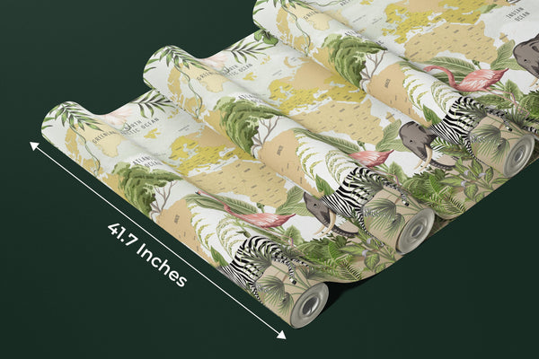 Safari Animals Wallpaper, Kids World Map Mural, Oversized Custom Size Wall Art, Non-Woven, Non-Adhesive, Modern Wall Paper, Removable