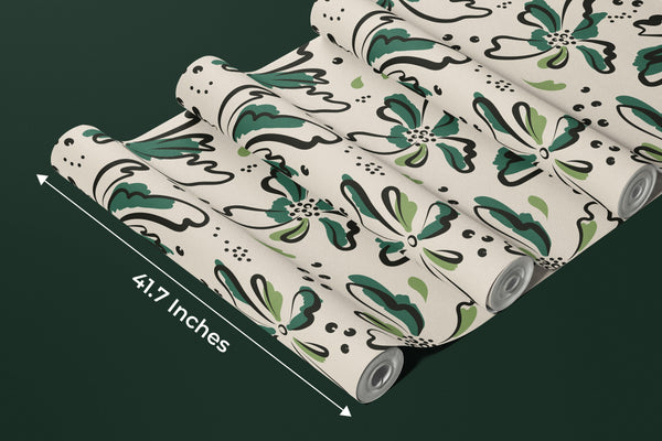 Floral Wallpaper, Black and Green Mural, Oversized Custom Size Wall Art, Non-Woven, Non-Adhesive, Modern Wall Paper, Removable