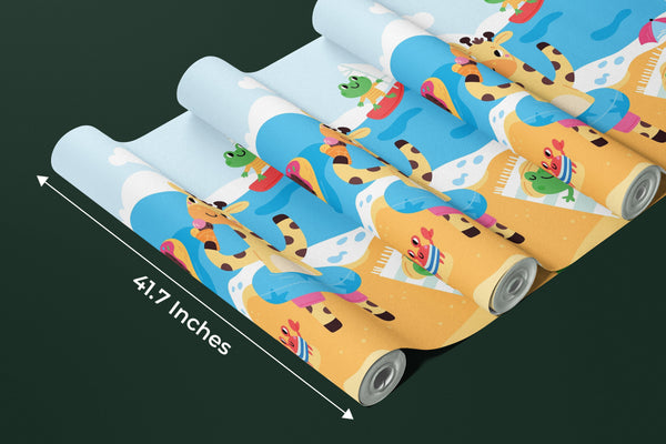 Happy Little Animals Wallpaper, Tropical Beach Mural, Oversized Custom Size Wall Art, Non-Woven, Non-Adhesive, Modern Wall Paper, Removable