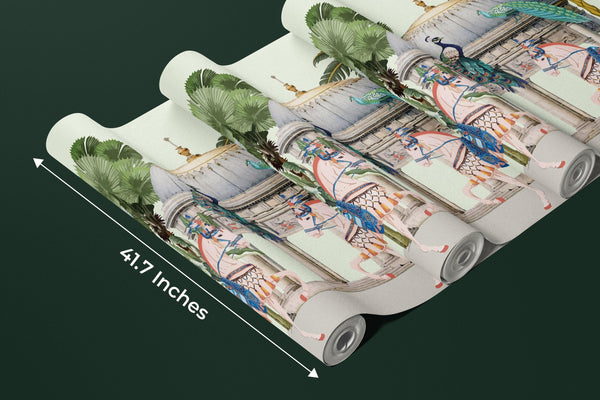 Traditional Mughal Garden Wallpaper, Peacock, Horses Mural, Oversized Custom Size Wall Art, Non-Woven, Non-Adhesive, Modern Wall Paper, Removable