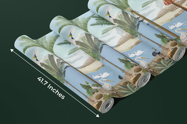 South Asian Subcontinent Wallpaper, Palm Trees, Birds Mural, Oversized Custom Size Wall Art, Non-Woven, Non-Adhesive, Modern Wall Paper, Removable