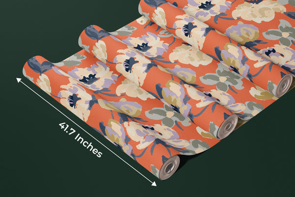 Abstract Floral, Orange Background Wallpaper, Seamless Pattern Mural, Oversized Custom Size Wall Art, Non-Woven, Non-Adhesive, Modern Wall Paper, Removable