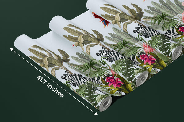 Jungle Animals Wallpaper, Flowers Mural, Oversized Custom Size Wall Art, Non-Woven, Non-Adhesive, Modern Wall Paper, Removable