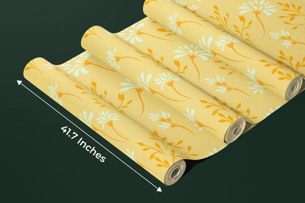 Flowers, Summer Yellow Wallpaper, Seamless Pattern Mural, Oversized Custom Size Wall Art, Non-Woven, Non-Adhesive, Modern Wall Paper, Removable