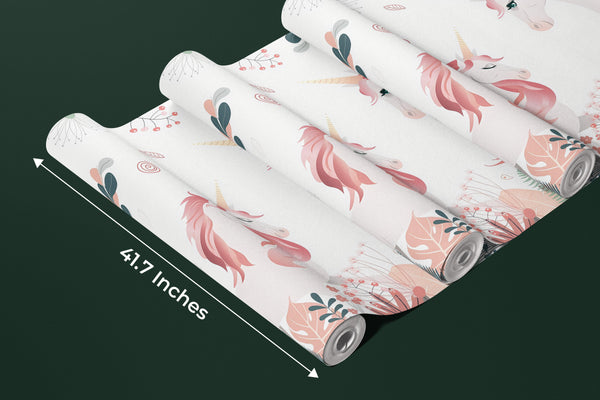Cute Unicorns Wallpaper, Floral Mural, Oversized Custom Size Wall Art, Non-Woven, Non-Adhesive, Modern Wall Paper, Removable