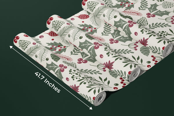 Leaves and Berries Wallpaper, Seamless Pattern Mural, Oversized Custom Size Wall Art, Non-Woven, Non-Adhesive, Modern Wall Paper, Removable