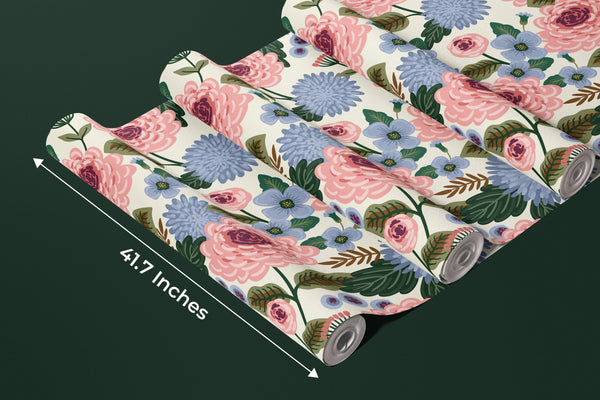 Pink and Blue Floral Wallpaper, Seamless Pattern Mural, Oversized Custom Size Wall Art, Non-Woven, Non-Adhesive, Modern Wall Paper, Removable