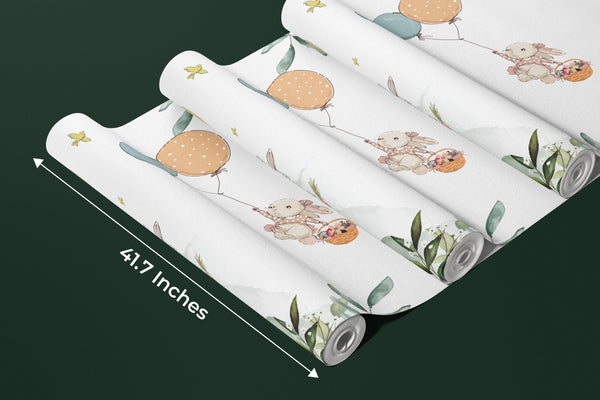 Bunnies Wallpaper, Fly Balloons Mural, Oversized Custom Size Wall Art, Non-Woven, Non-Adhesive, Modern Wall Paper, Removable