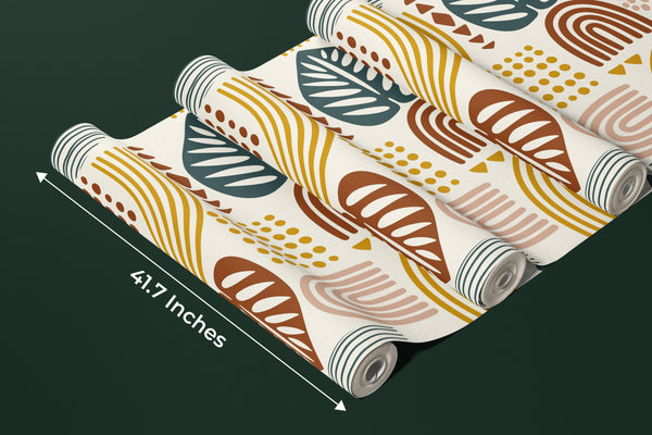 Abstract Leaves and Geometric Shapes Wallpaper, Seamless Pattern Mural, Oversized Custom Size Wall Art, Non-Woven, Non-Adhesive, Modern Wall Paper, Removable