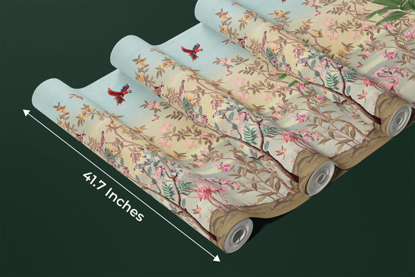 Elegant Floral, Birds Wallpaper, Seamless Pattern Mural, Oversized Custom Size Wall Art, Non-Woven, Non-Adhesive, Modern Wall Paper, Removable