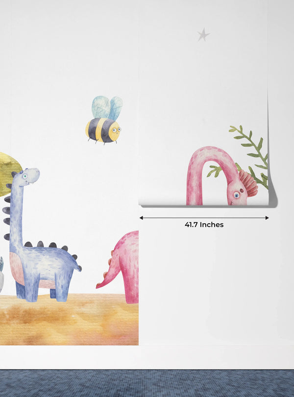 Colorful Dinosaurs, Trees Wallpaper, Seamless Pattern Mural, Oversized Custom Size Wall Art, Non-Woven, Non-Adhesive, Modern Wall Paper, Removable