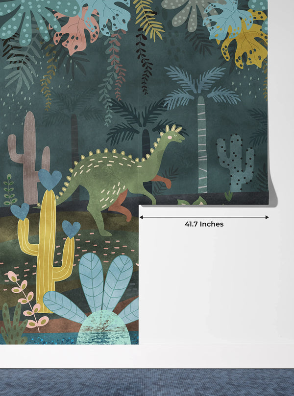 Dino World Wallpaper, Jungle Mural, Oversized Custom Size Wall Art, Non-Woven, Non-Adhesive, Modern Wall Paper, Removable