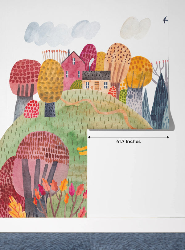 Bright Autumn Wallpaper, Village Mural, Oversized Custom Size Wall Art, Non-Woven, Non-Adhesive, Modern Wall Paper, Removable