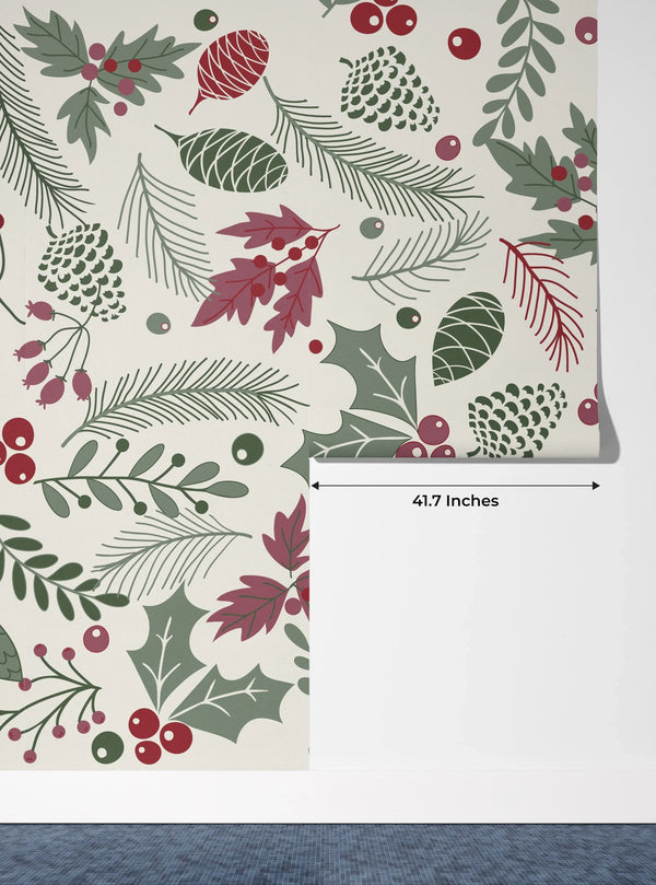 Leaves and Berries Wallpaper, Seamless Pattern Mural, Oversized Custom Size Wall Art, Non-Woven, Non-Adhesive, Modern Wall Paper, Removable