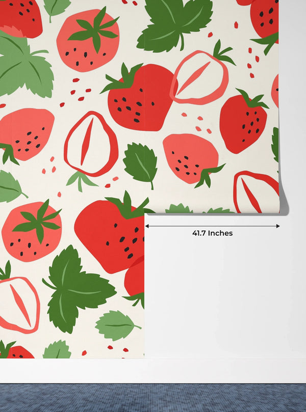 Strawberries, White Background Wallpaper, Seamless Pattern Mural, Oversized Custom Size Wall Art, Non-Woven, Non-Adhesive, Modern Wall Paper, Removable